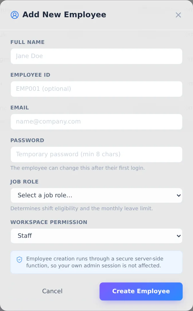 The add-employee window